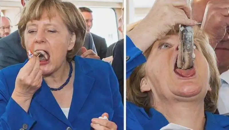 angela merkel mangia l aringa con cipolla cruda