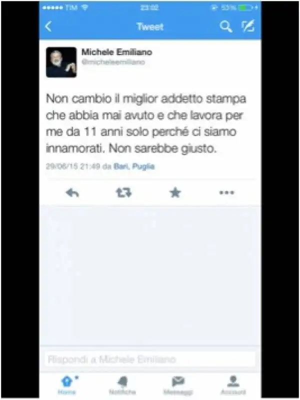 tweet di michele emiliano sulla compagna 