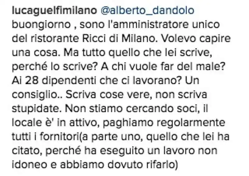 LA RISPOSTA DELL AMMINISTRATORE UNICO DEL RICCI MILANO CHE SCRIVE A DANDOLO