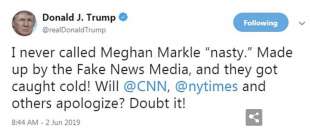 donald trump nega di aver detto che meghan markle e' nasty