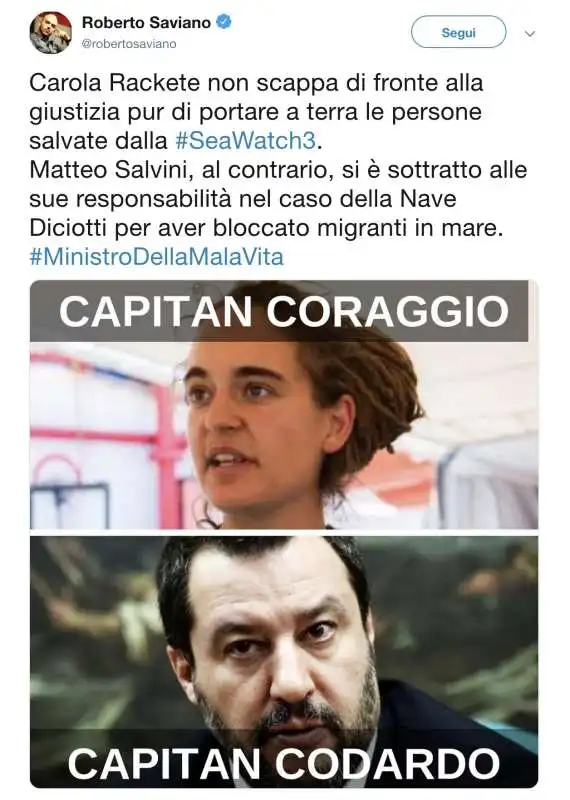 IL TWEET DI ROBERTO SAVIANO A FAVORE DELLA CAPITANA DELLA SEA WATCH CAROLA RACKETE