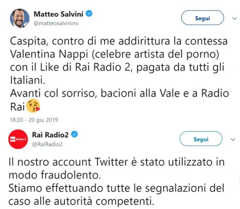 SALVINI CONTRO VALENTINA NAPPI - IL TWEET SU RADIO 2