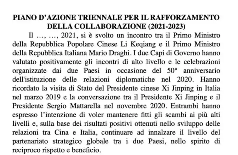 estratto del documento della farnesina in vista dell'incontro con li keqiang 