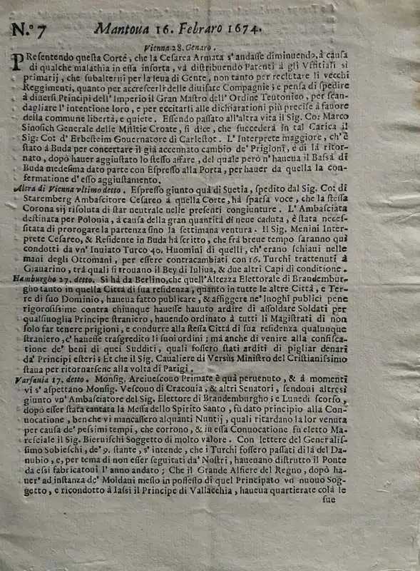 Gazzetta di Mantova del 16 febbraio 1674 