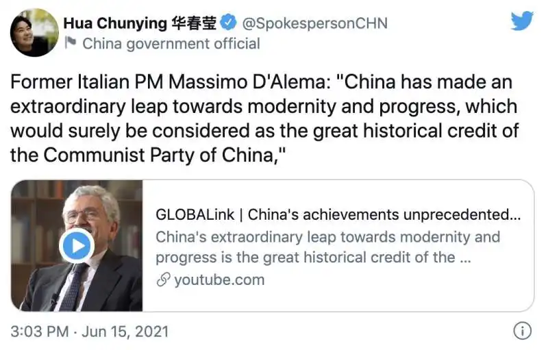 HUA CHUNYING TWITTA L'INTERVISTA DI MASSIMO DALEMA