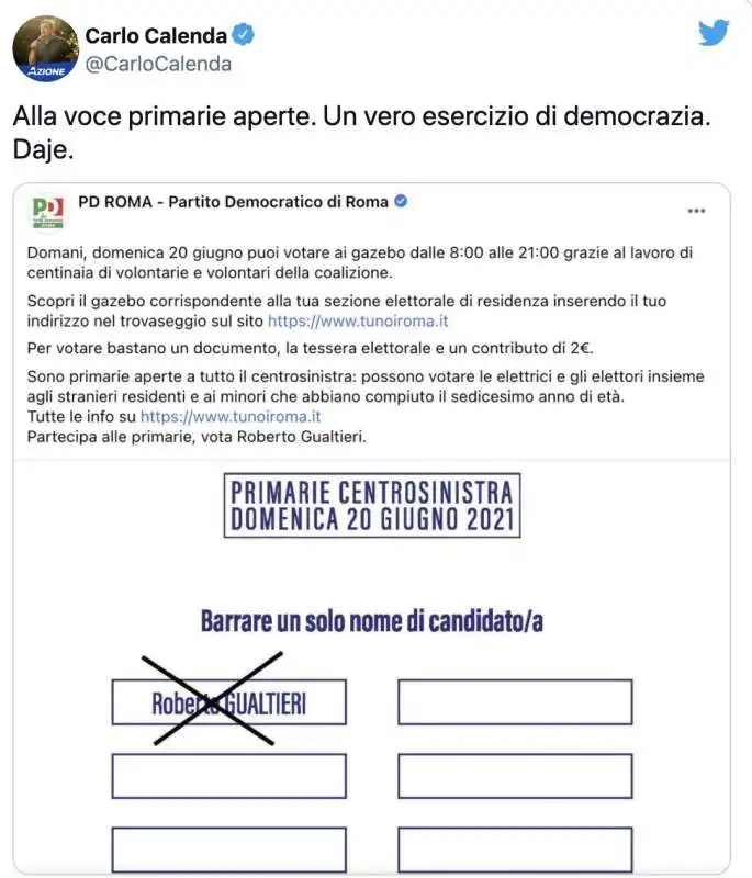 IL TWEET DI CARLO CALENDA SULLA SCHEDA FAC-SIMILE POSTATA DAL PD ROMA