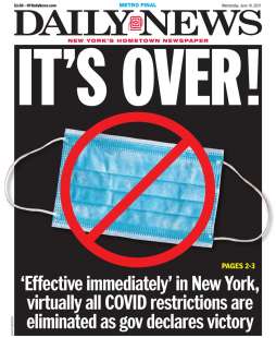 la prima pagina del daily news sulla fine delle restrizioni a new york