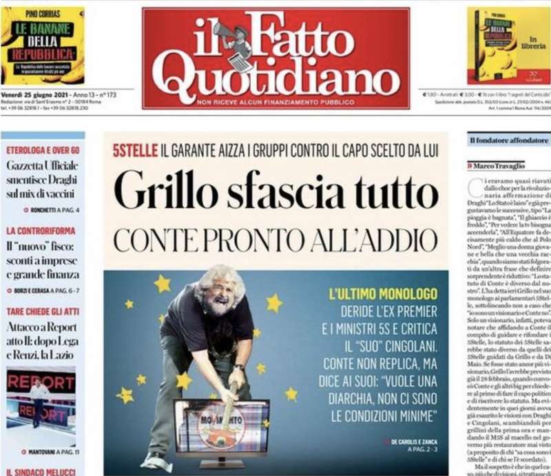 PRIMA PAGINA DEL FATTO QUOTIDIANO CONTRO GRILLO - 25 GIUGNO 2021