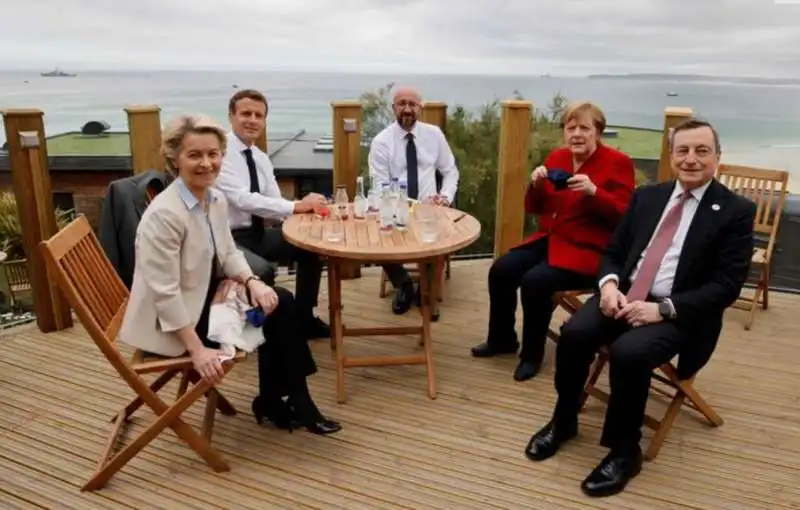 ursula von der leyen, emmanuel macron, charles michel, angela merkel e mario draghi al g7