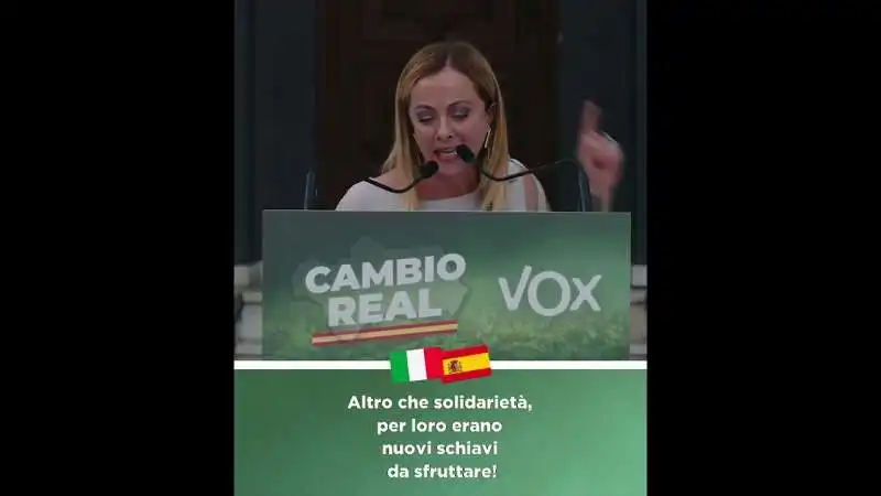 giorgia meloni al comizio di vox in spagna.   