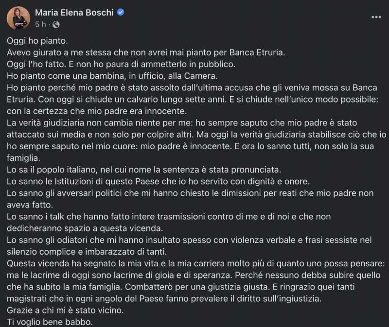 IL POST DI MARIA ELENA BOSCHI DOPO L'ASSOLUZIONE DEL PADRE