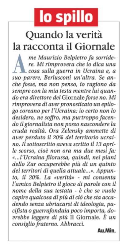 LA RISPOSTA DI MINZOLINI A BELPIETRO - IL GIORNALE - 4 GIUGNO 2022