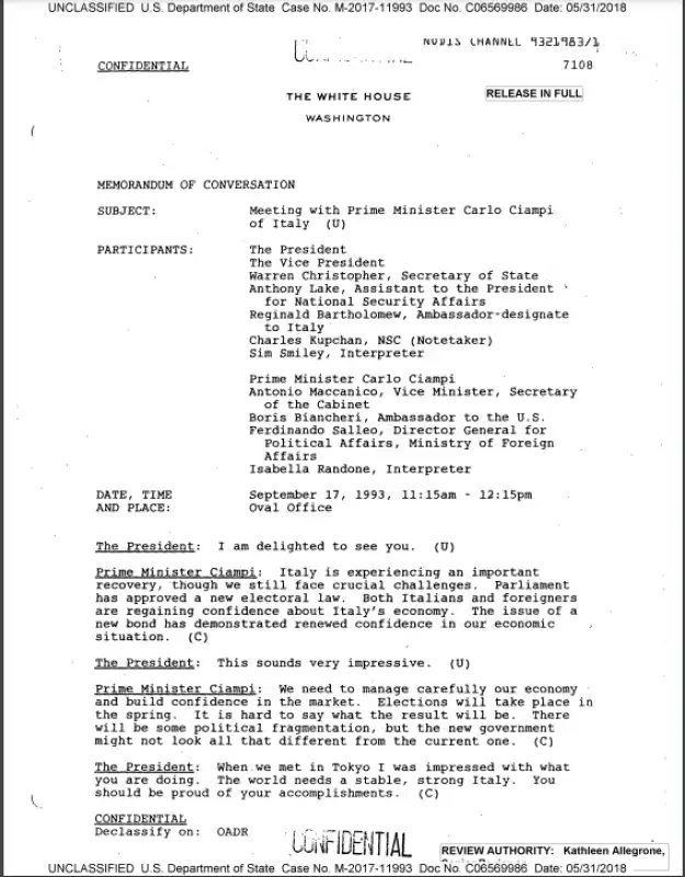 memorandum of conversation clinton ciampi