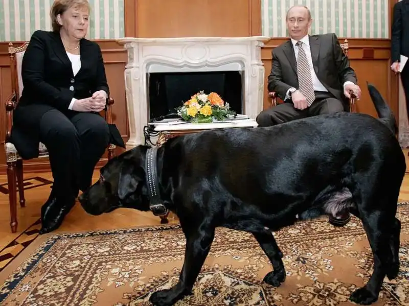 MERKEL CON PUTIN E IL CANE DI PUTIN