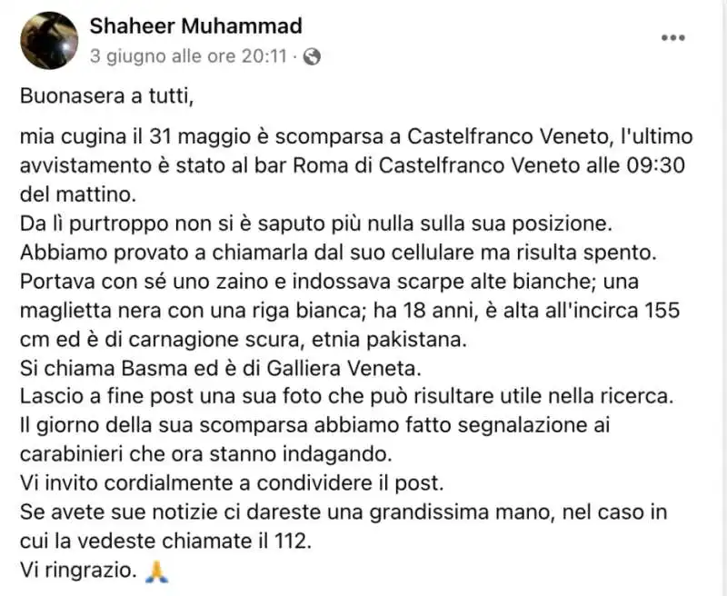 Post del cugino di Basma Afzaal