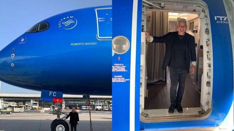 ROBERTO BAGGIO A BORDO DELL AEREO DI ITA CON IL SUO NOME