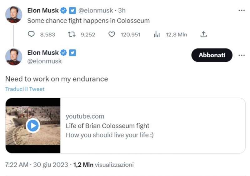 elon musk e il combattimento con zuckerberg al colosseo