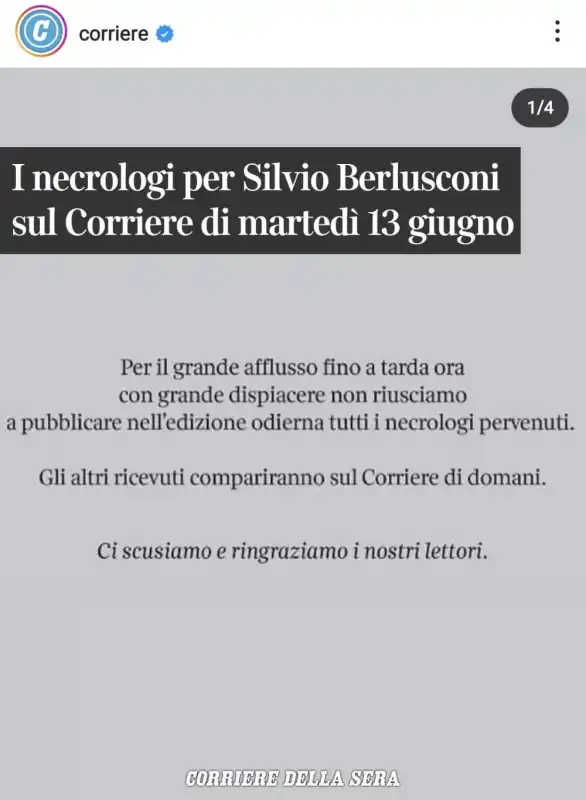 il corriere della sera annuncia di non riuscire a pubblicare tutti i necrologi