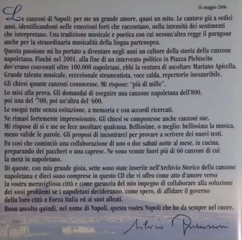 IL LIBRETTO SCRITTO DA SILVIO BERLUSCONI PER IL DISCO NAPOLI NEL CUORE