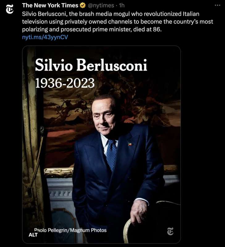 IL TWEET DEL NEW YORK TIMES SULLA MORTE DI SILVIO BERLUSCONI