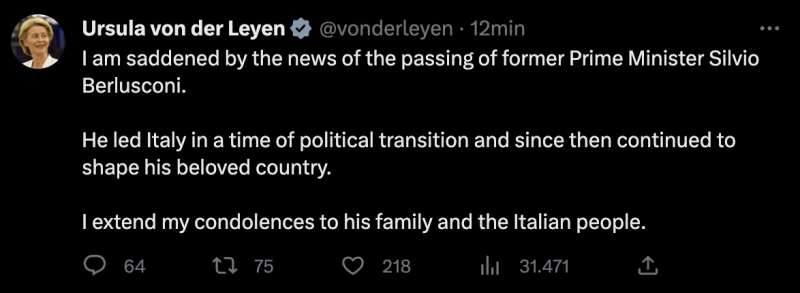 IL TWEET DI URSULA VON DER LEYEN PER LA MORTE DI SILVIO BERLUSCONI