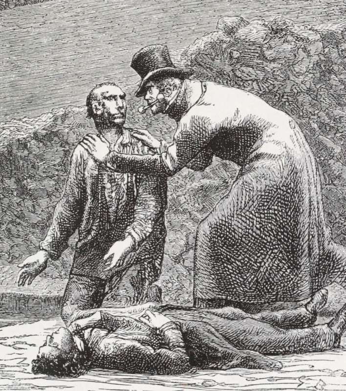 Javert trova Jean Valjean e Marius allo sbocco della rete fognaria – Illustrazione di Gustave Brion all edizione originale dei miserabili .