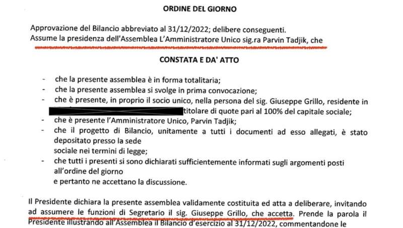 l’approvazione del bilancio nell’assemblea dei soci della gestimar srl presieduta da parvin tadjhk, moglie di beppe grillo