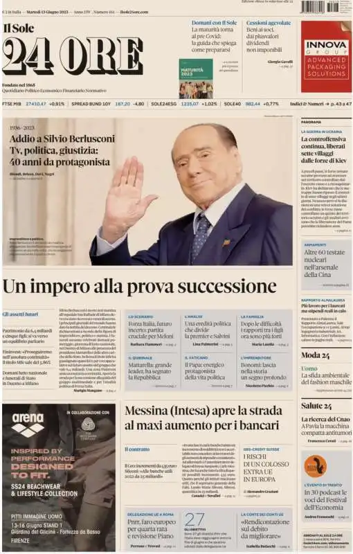 morte di silvio berlusconi   prima pagina  il sole 24 ore 