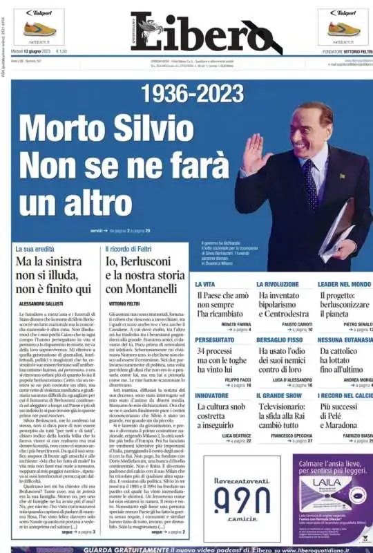 morte di silvio berlusconi   prima pagina  libero 