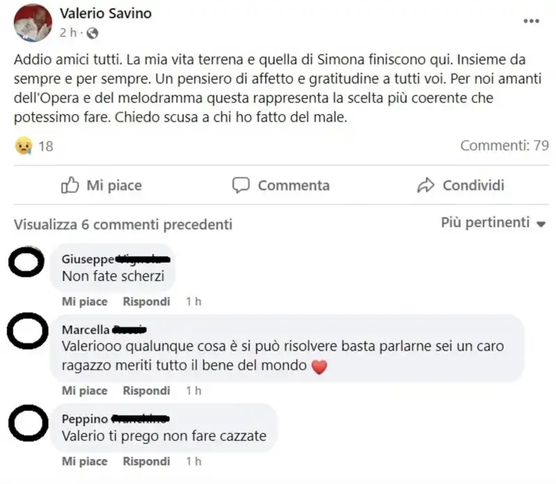 post di valerio savino in cui annuncia l omicidio