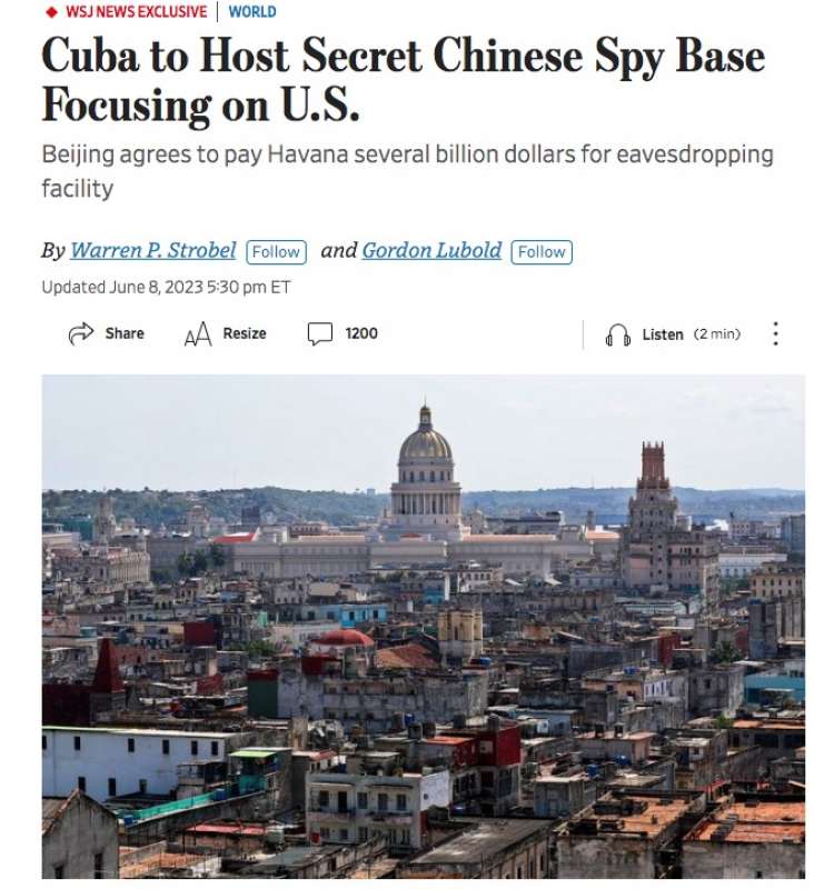 rivelazione del wall street journal su accordo cina-cuba per una centrale di spionaggio