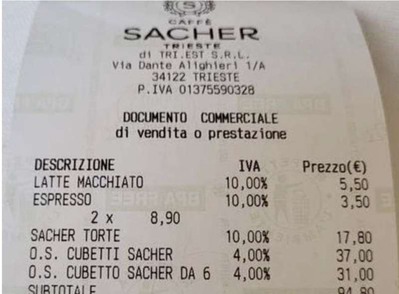 SCONTRINO AL CAFFE SACHER DI TRIESTE