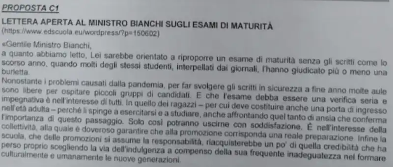 TRACCIA DELLA PRIMA PROVA DELLA MATURITA 2023 - LETTERA AL MINISTRO PATRIZIO BIANCHI 