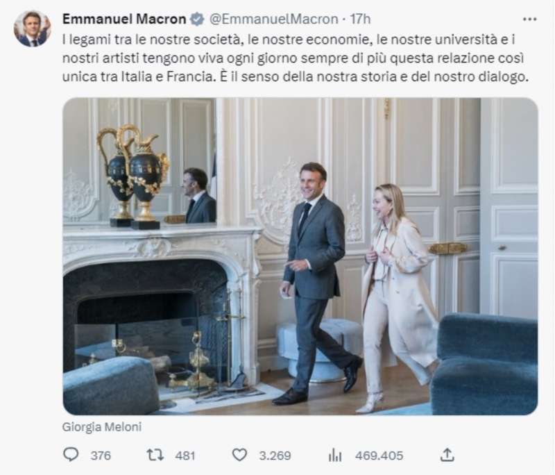 TWEET DI EMMANUEL MACRON SULL INCONTRO CON GIORGIA MELONI