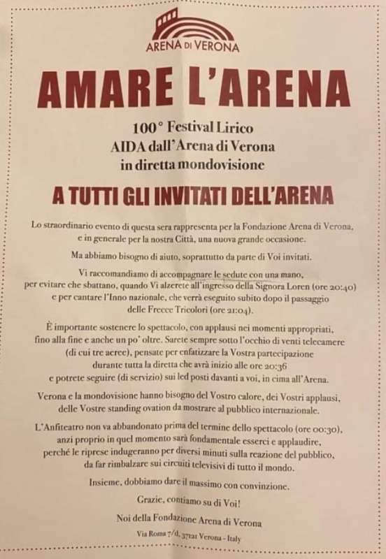 volantino distribuito all'arena di verona per l'aida