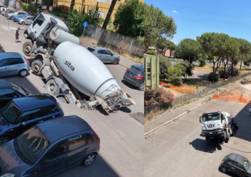 betoniera sprofonda in una voragine durante i lavori quadraro roma 3