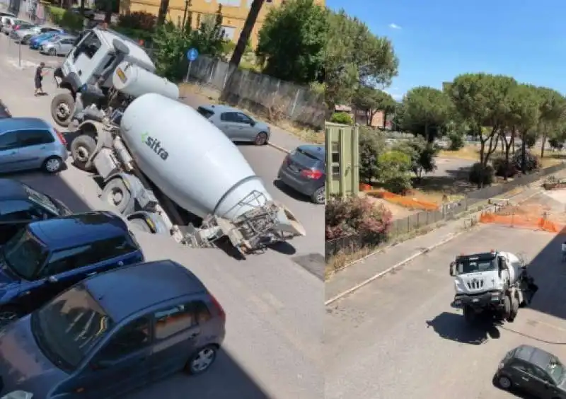 betoniera sprofonda in una voragine durante i lavori   quadraro   roma 3