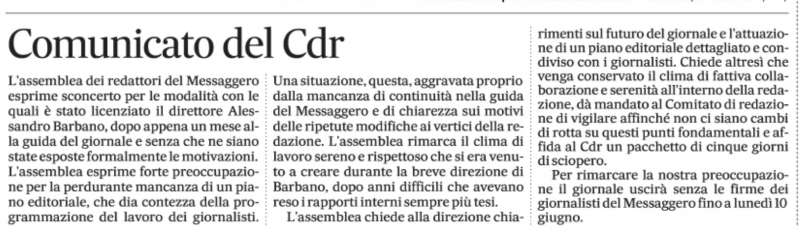 COMUNICATO DEL CDR DEL MESSAGGERO DOPO IL LICENZIAMENTO DI ALESSANDRO BARBANO