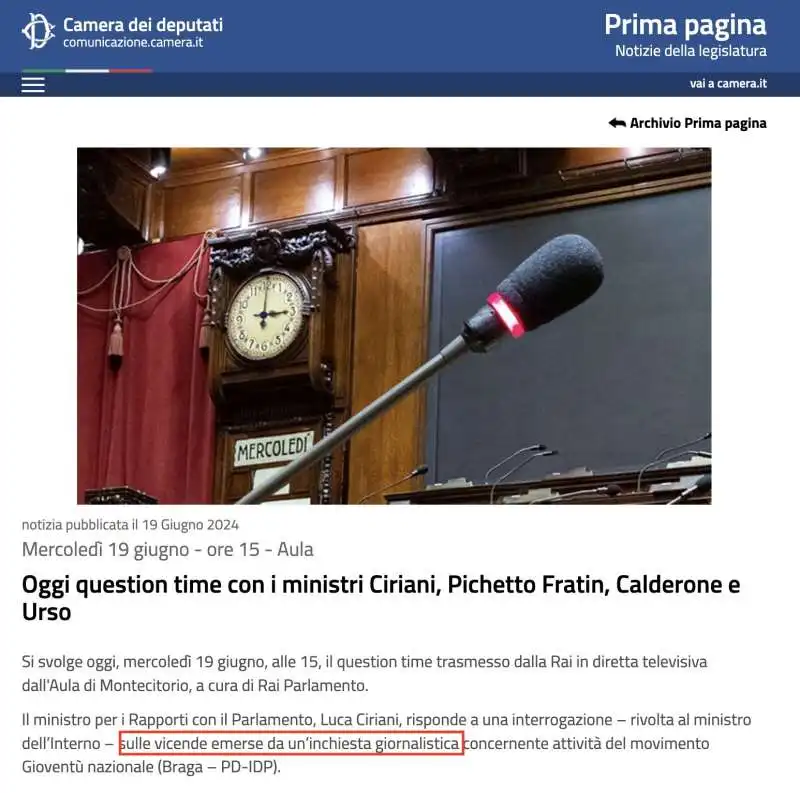 comunicato dell ufficio stampa della camera sull interrogazione in merito all inchiesta di fanpage 