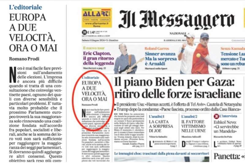 EDITORIALE DI ROMANO PRODI - IL MESSAGGERO 1 GIUGNO