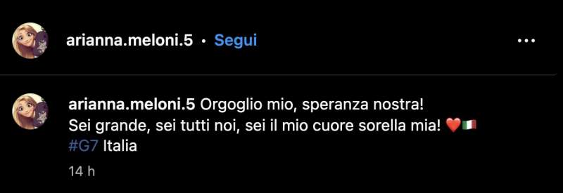 IL POST DI ARIANNA MELONI SUL G7