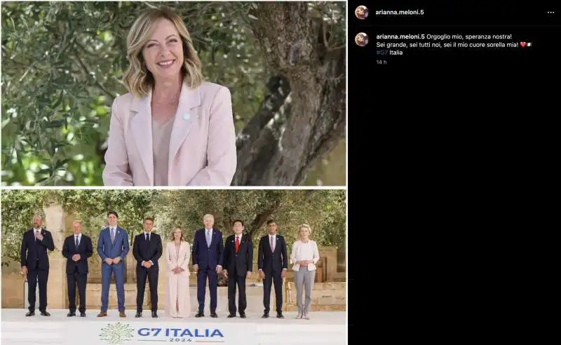 IL POST DI ARIANNA MELONI SUL G7 GUIDATO DALLA SORELLA GIORGIA

