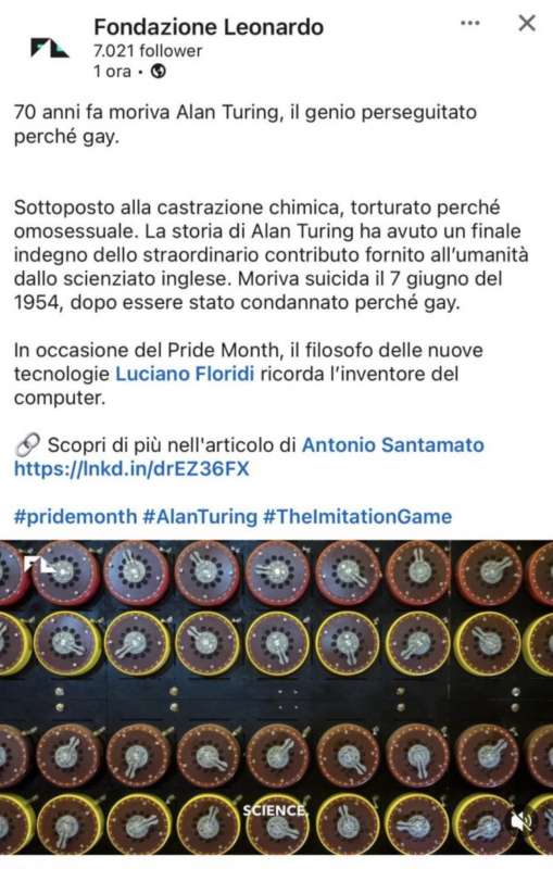 IL POST DI FONDAZIONE LEONARDO SU ALAN TURING GAY