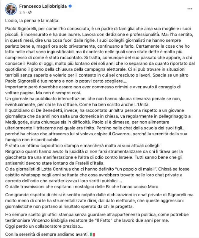 il post di francesco lollobrigida in difesa di paolo signorelli