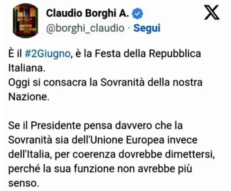 IL TWEET DI CLAUDIO BORGHI CONTRO MATTARELLA