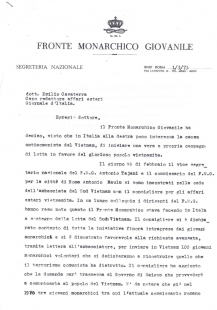 lettera del fronte monarchico giovanile che annuncia l iniziativa di antonio tajani e antonio malau per il vietnam del sud - 1 marzo 1973