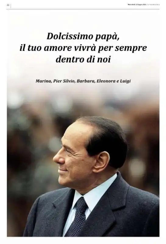 pagina di pubblicita sui quotidiani in ricordo di silvio berlusconi 