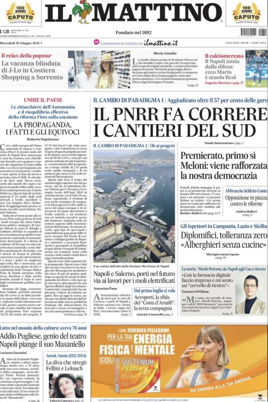 PRIMA PAGINA IL MATTINO 19 GIUGNO 2024