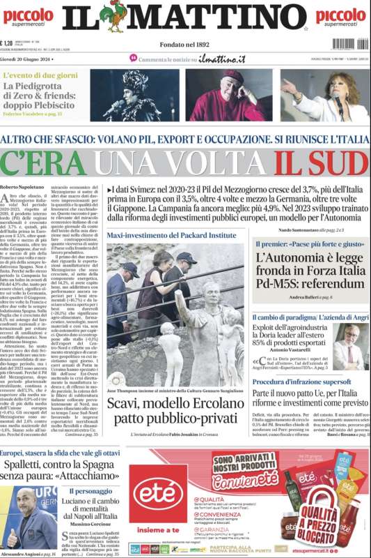 PRIMA PAGINA IL MATTINO 20 GIUGNO 2024