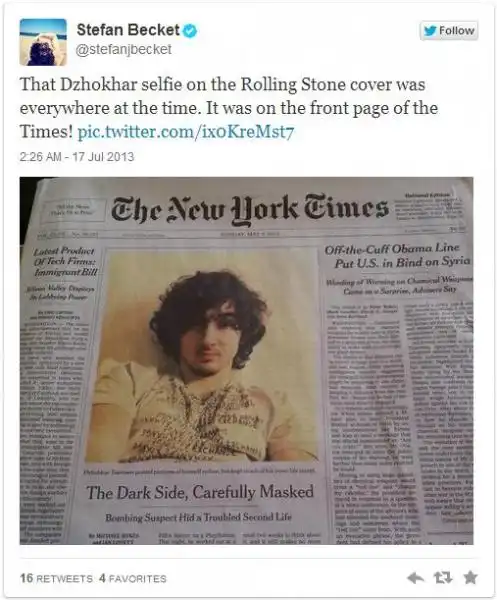 ATTENTATORE DI BOSTON IN PRIMA PAGINA SUL NEW YORK TIMES 